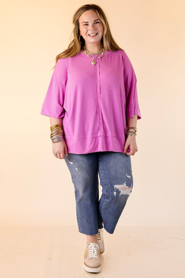 Subtle Spark Crew Neck Short Sleeve Shirt with Seam Detailing in Mauve