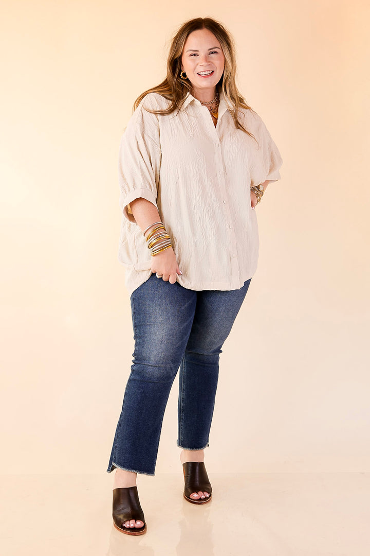 Flirty in Floral Textured Floral Print Button Up Collared Blouse in Cream