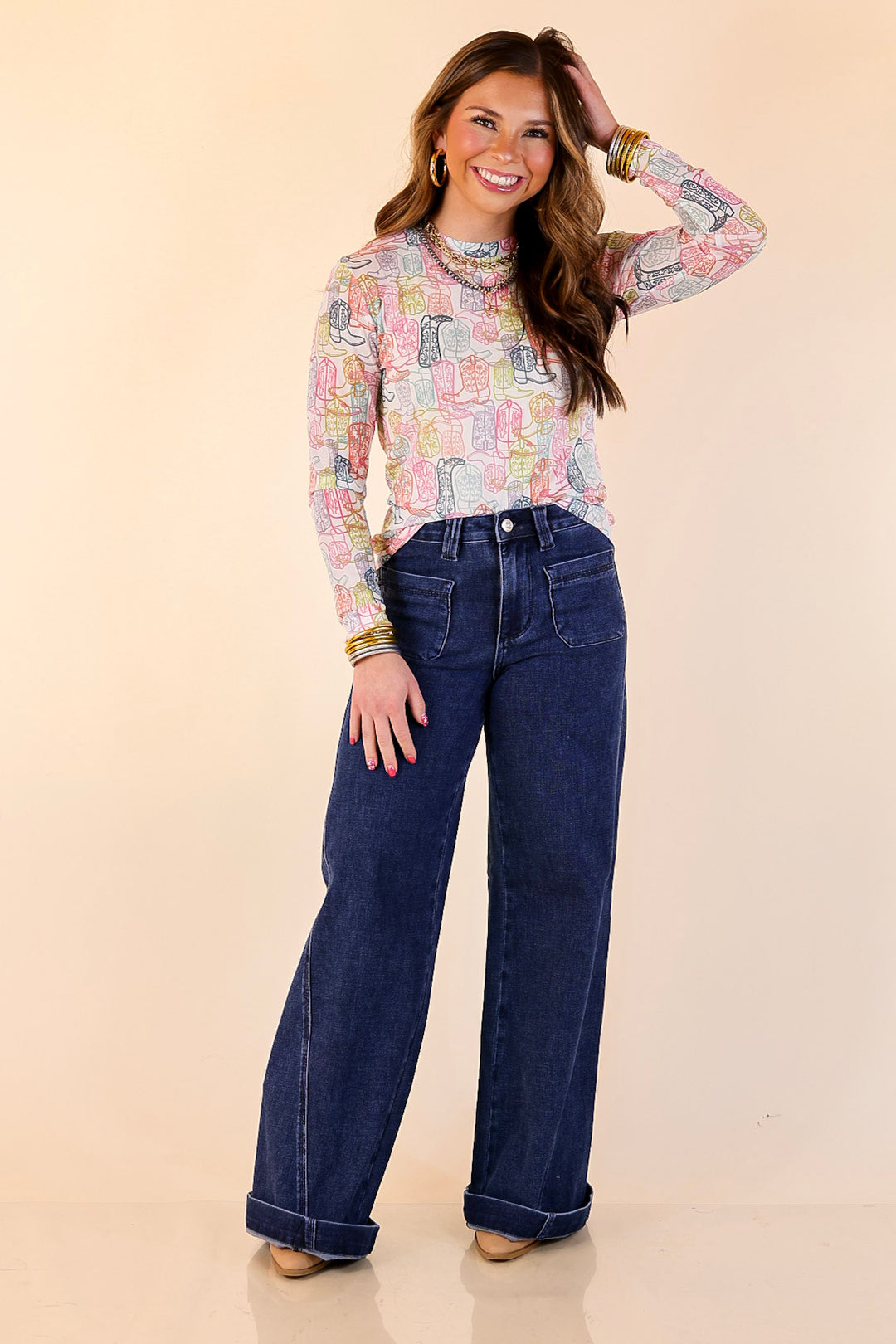 Western Dream Neon Boot Print Mesh Long Sleeve Top in White