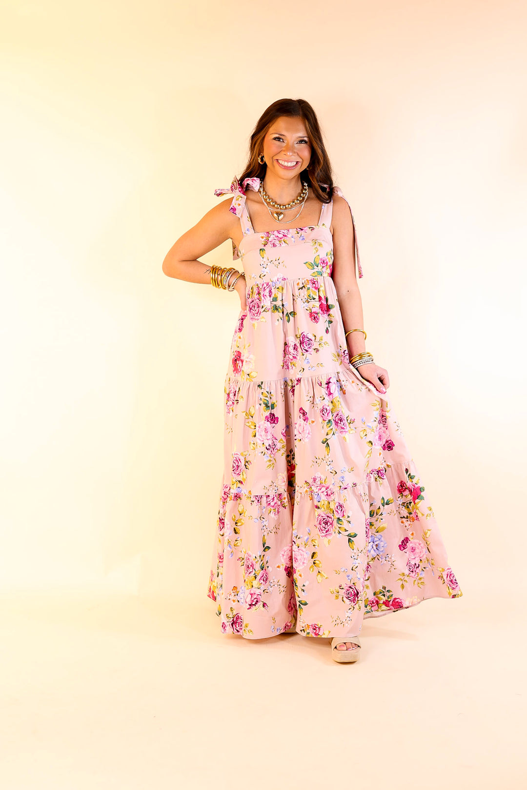 BuddyLove | Arlene Tie-Shoulder Maxi Dress in Blushing Pink