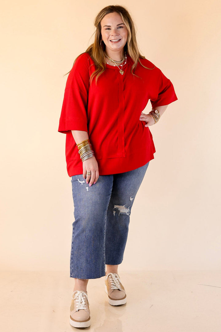 Subtle Spark Crew Neck Short Sleeve Shirt with Seam Detailing in Red