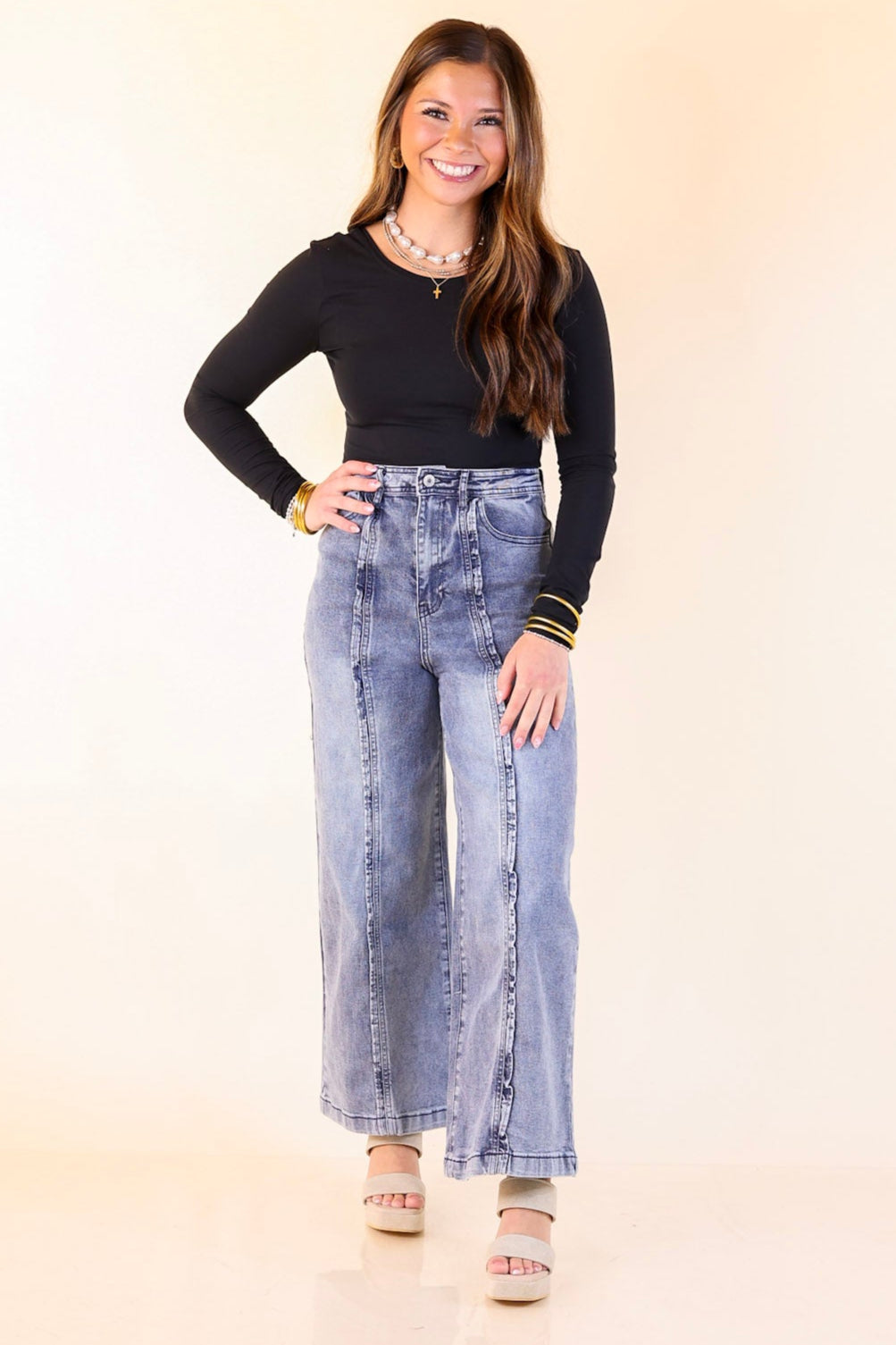 Ripple & Roll Denim Wide Leg Jean with Ruffled Front Seam in Acid Wash