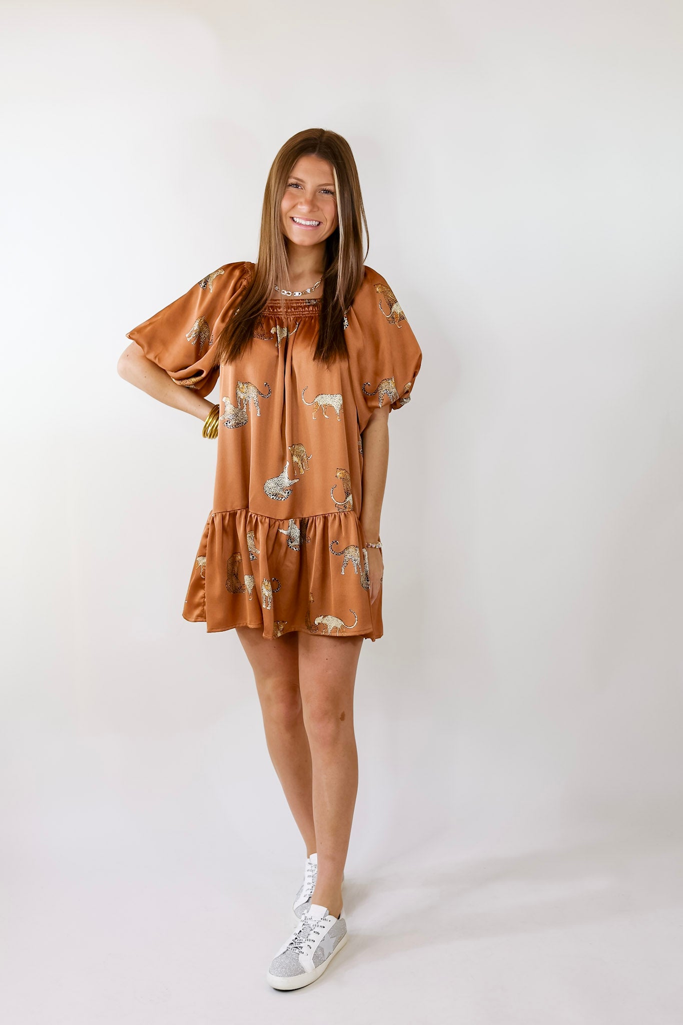 Flirting For Fun Leopard Print Satin Midi Dress in Camel Brown - Giddy Up Glamour Boutique