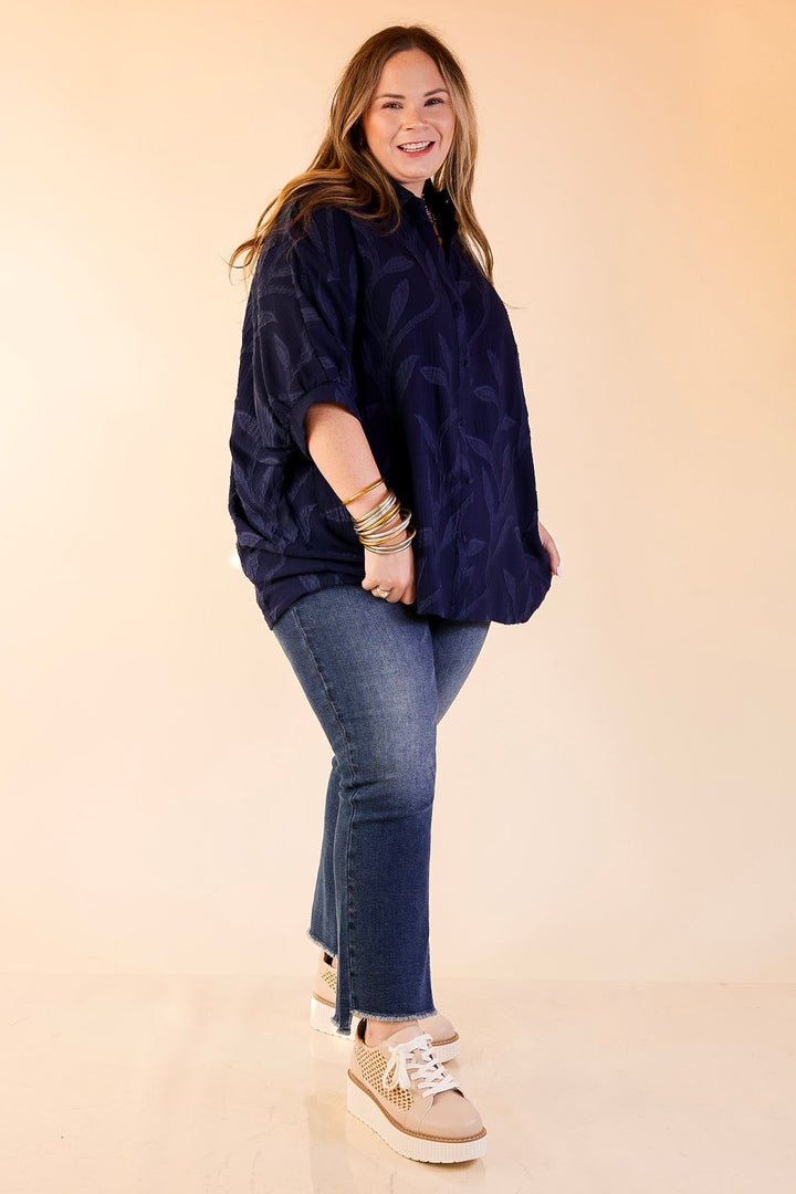 Flirty in Floral Textured Floral Print Button Up Collared Blouse in Navy Blue