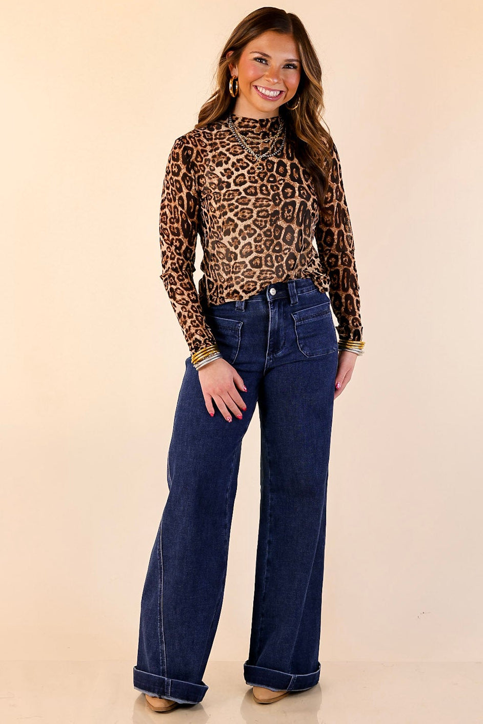 Sheer Confidence Print Mesh Long Sleeve Top in Leopard Print