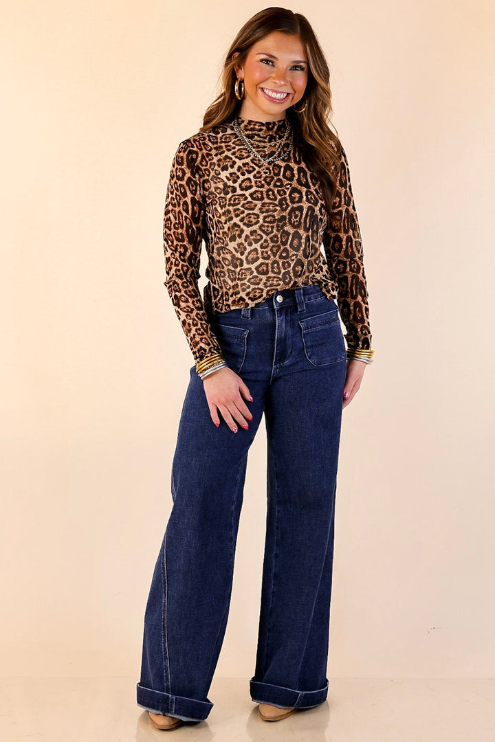 Sheer Confidence Print Mesh Long Sleeve Top in Leopard Print