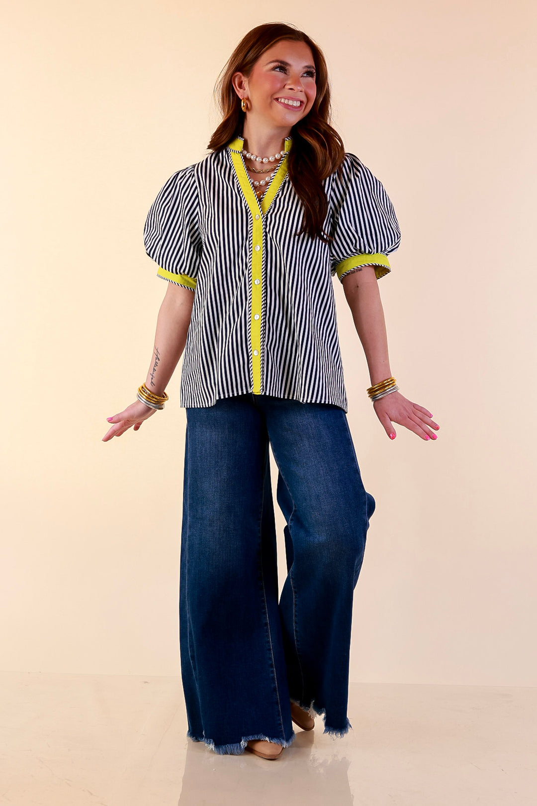 Pop of Polish Short Puff Sleeve Button Front Top with Contrast Trim in Navy Blue, White and Lime
