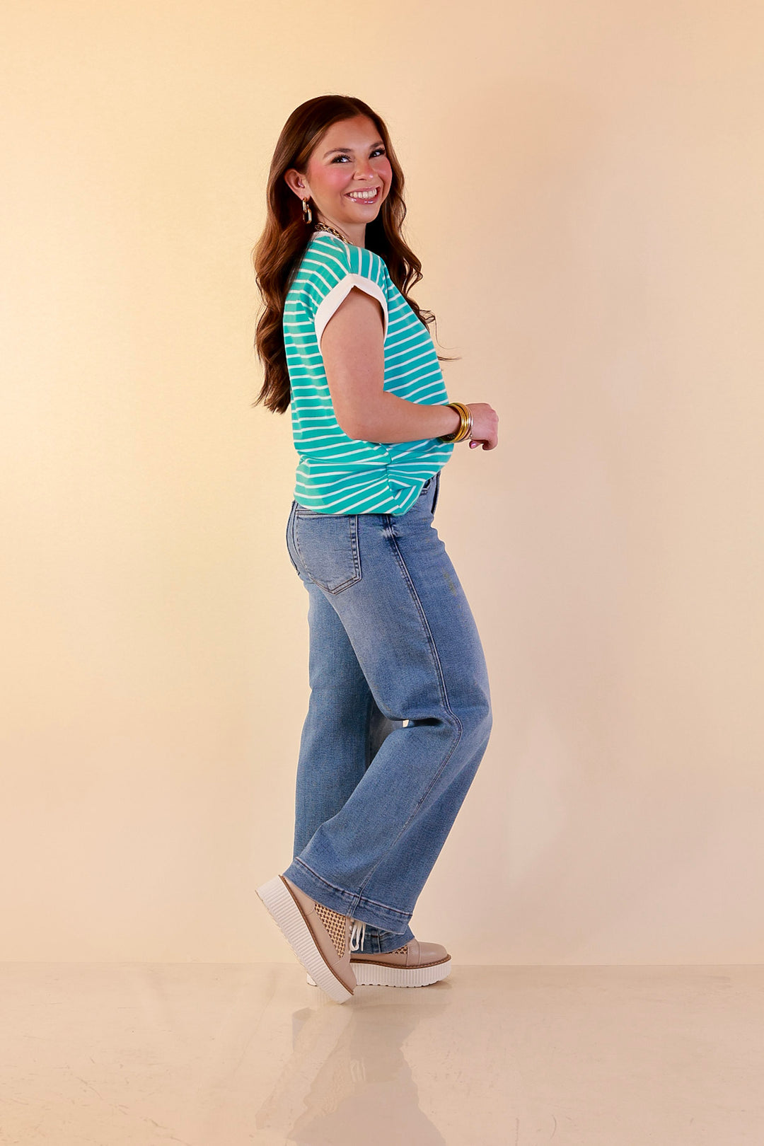 Right on Repeat Scoop Neck Cap Sleeve with Contrast Trim Striped Tee Top in Turquoise Blue