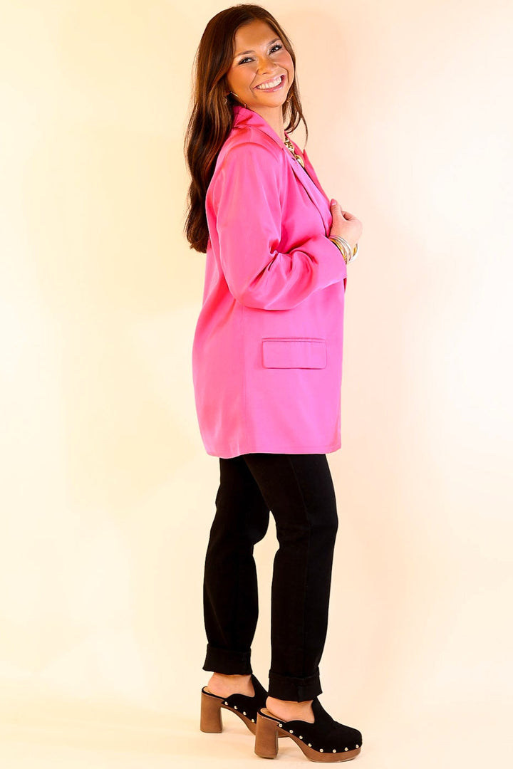 Touch Of Luxury Long Sleeve Satin Blazer in Hot Pink
