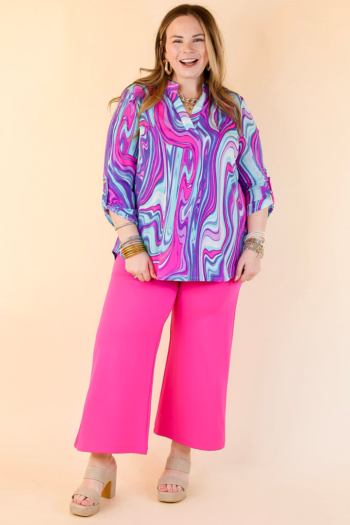 Urban Elegance Marble 3/4 Sleeve Tunic Top in Purple Mix