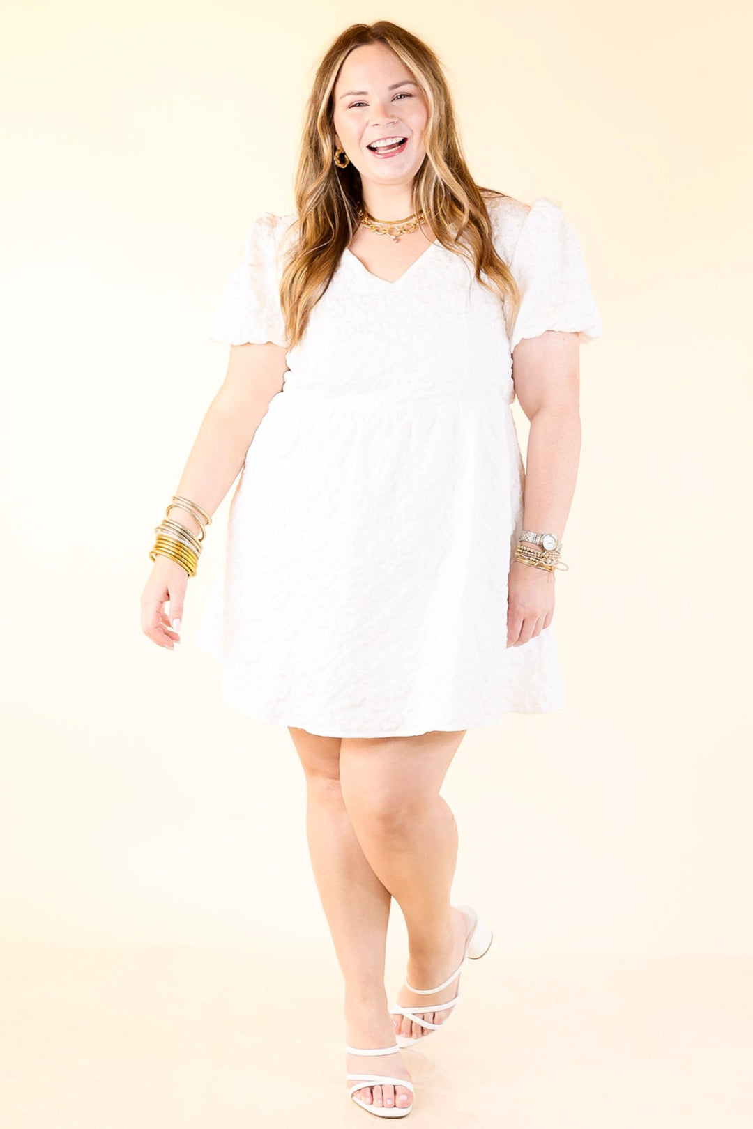 Wrapped in Petals Floral Tie-Back Dress with Puff Sleeves in Ivory