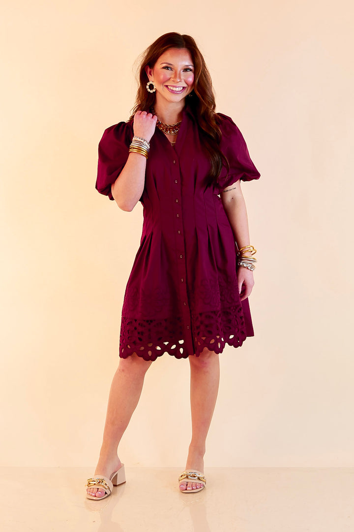 Plans to Impress Button Up Collared Eyelet Lace Trim Dress with Puff Sleeves in Maroon