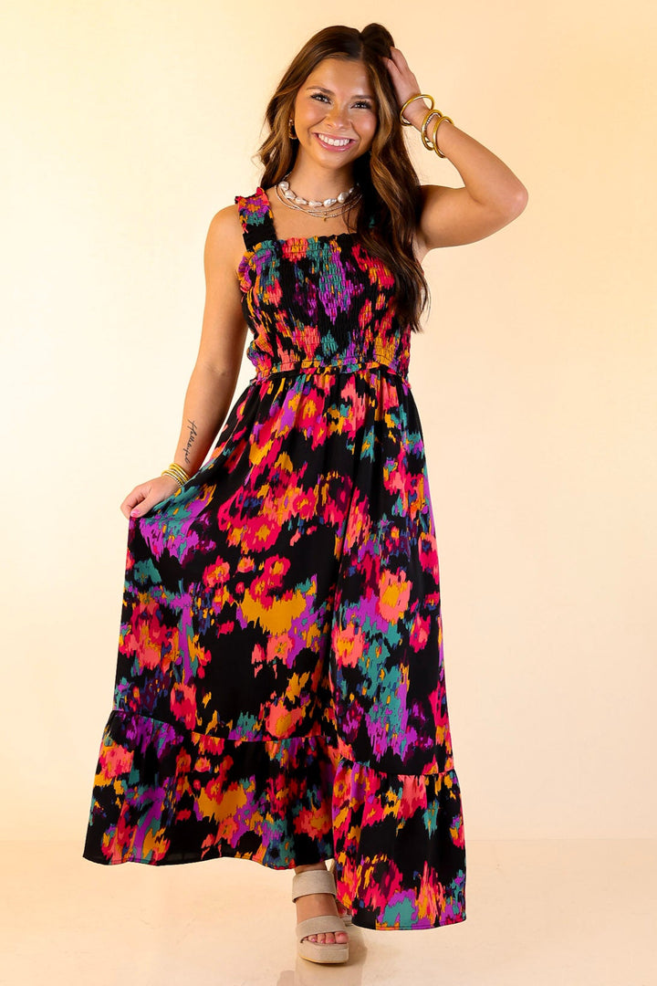 My Night Out Smocked Bodice Dress with Multicolor Abstract Print in Black