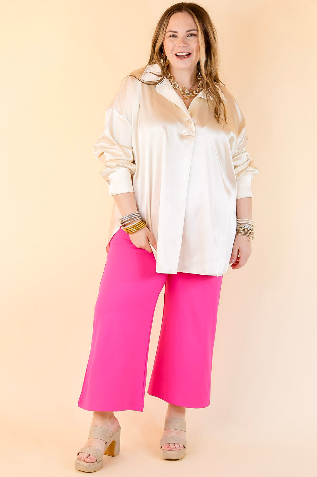 Start The Show Satin Long Sleeve Collared Top in Ivory