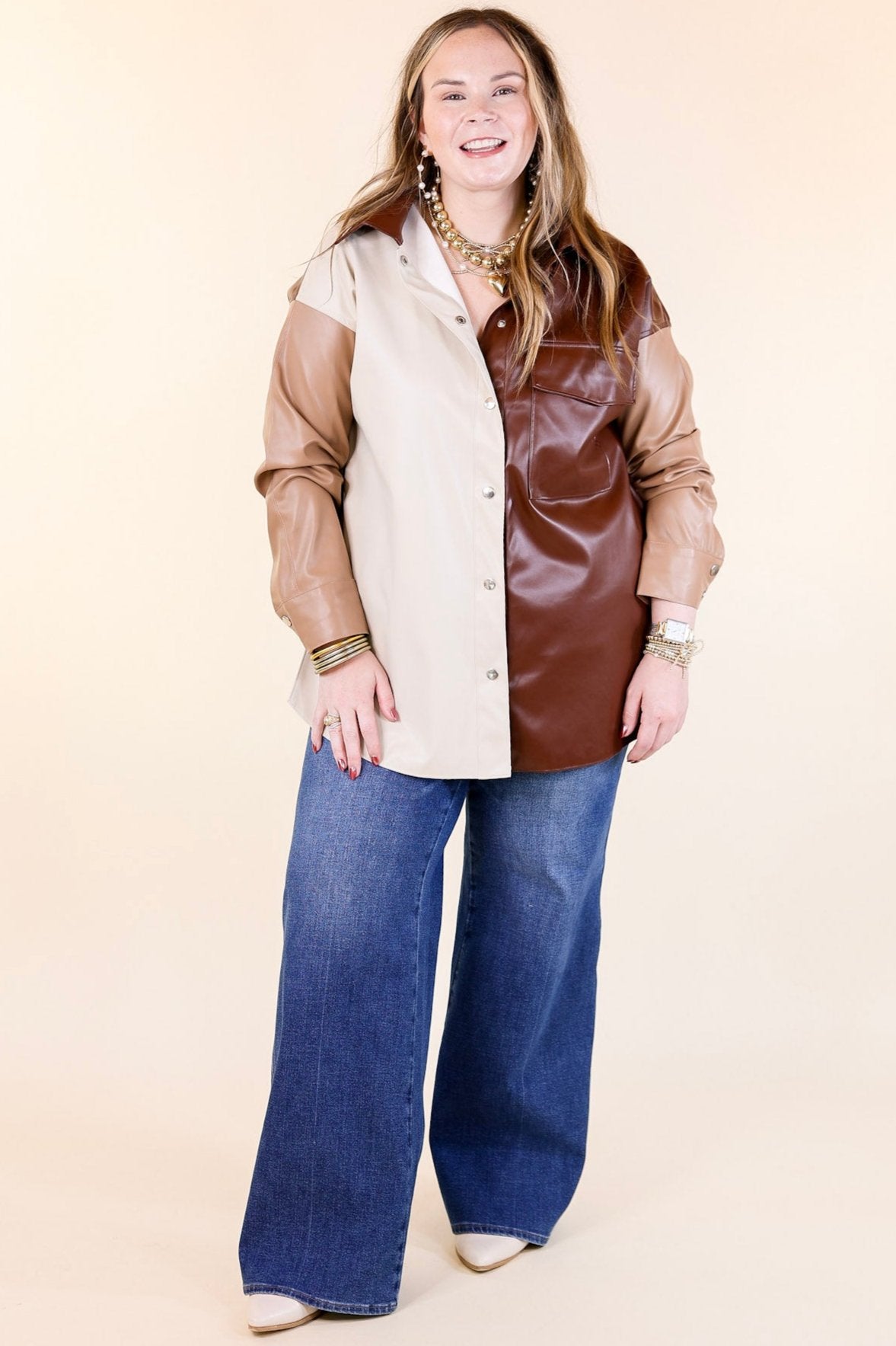 Autumn Event Faux Leather Color Block Shacket in Brown Mix