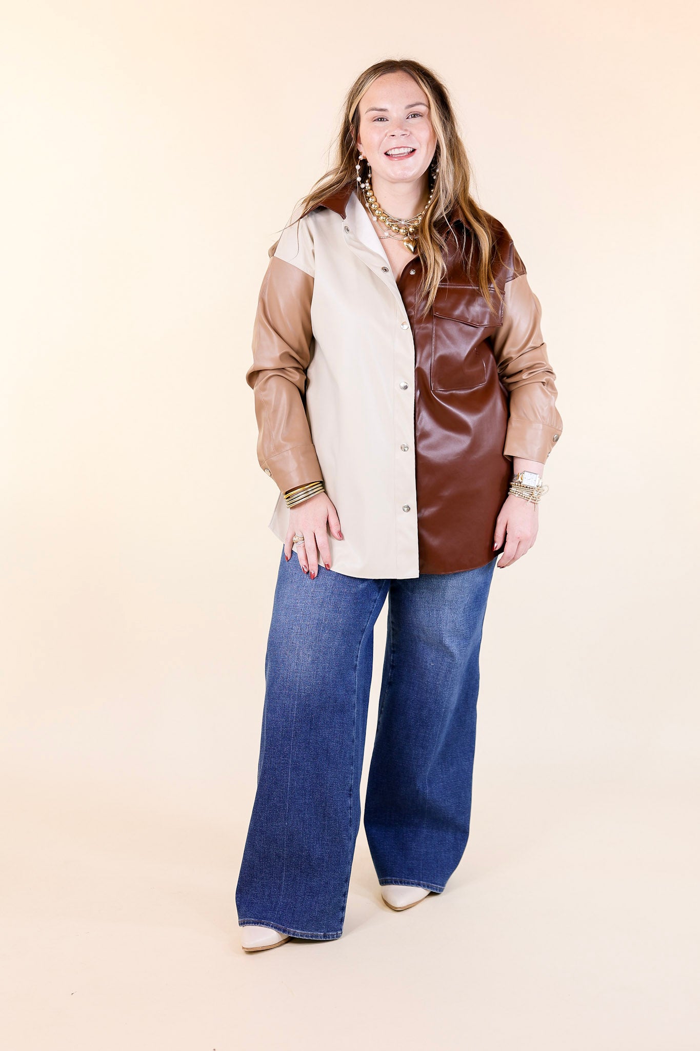 Autumn Event Faux Leather Color Block Shacket in Brown Mix