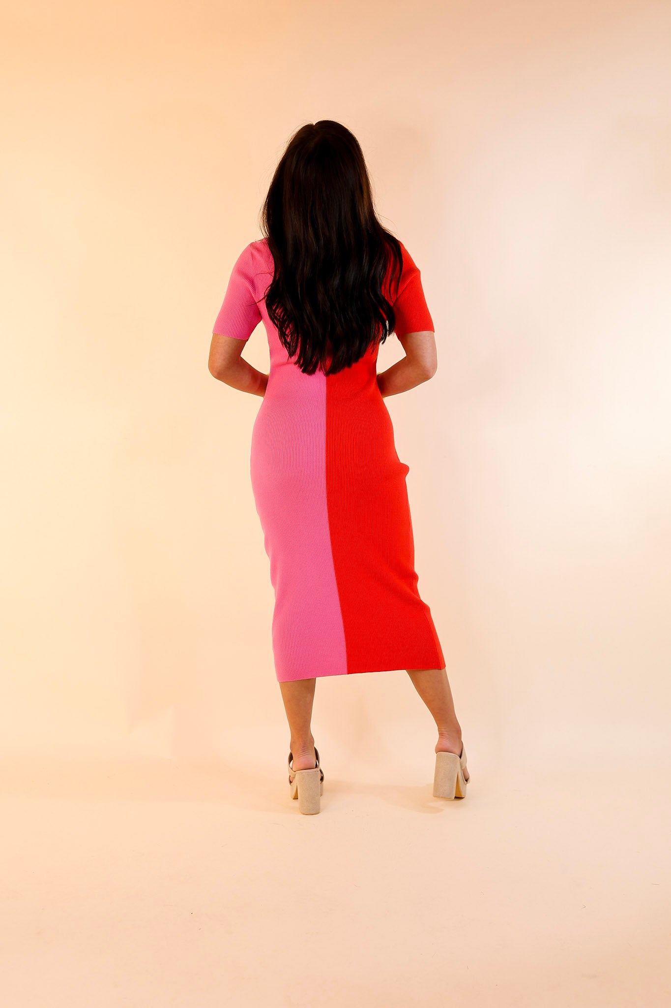 No Drama Ribbed Short Sleeve Midi Dress in Red and Pink