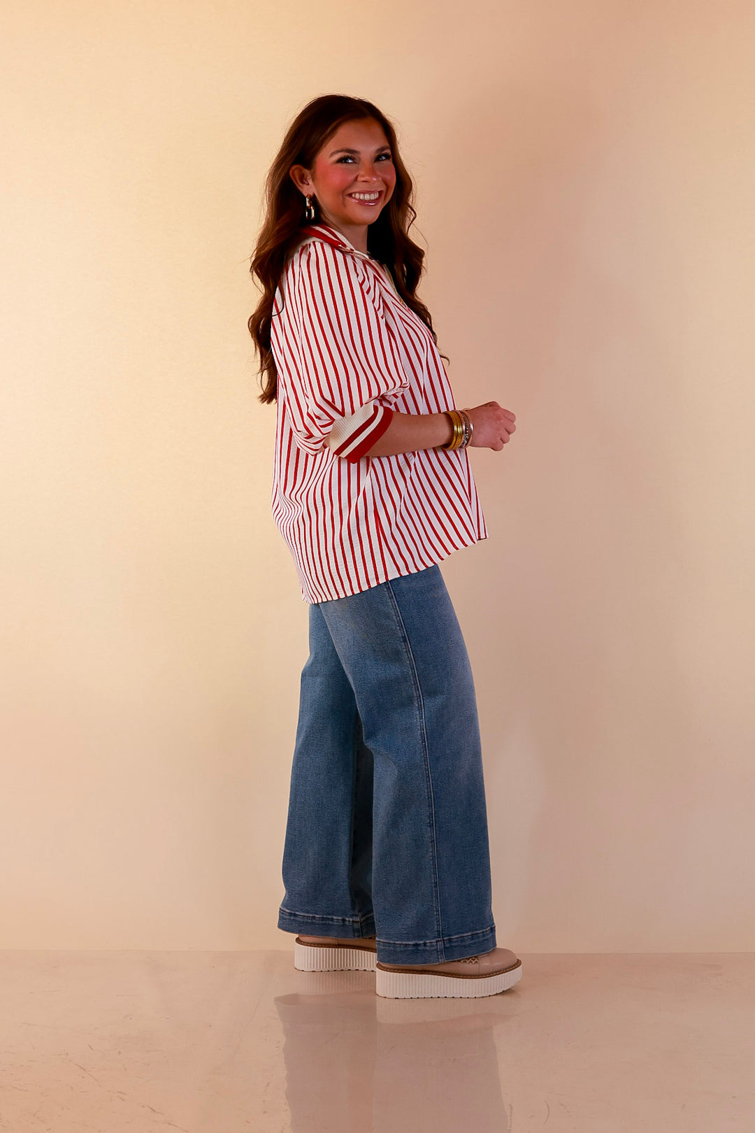 Bold Instincts Striped Print Half Zip Top with Puff Sleeves in Red and Ivory