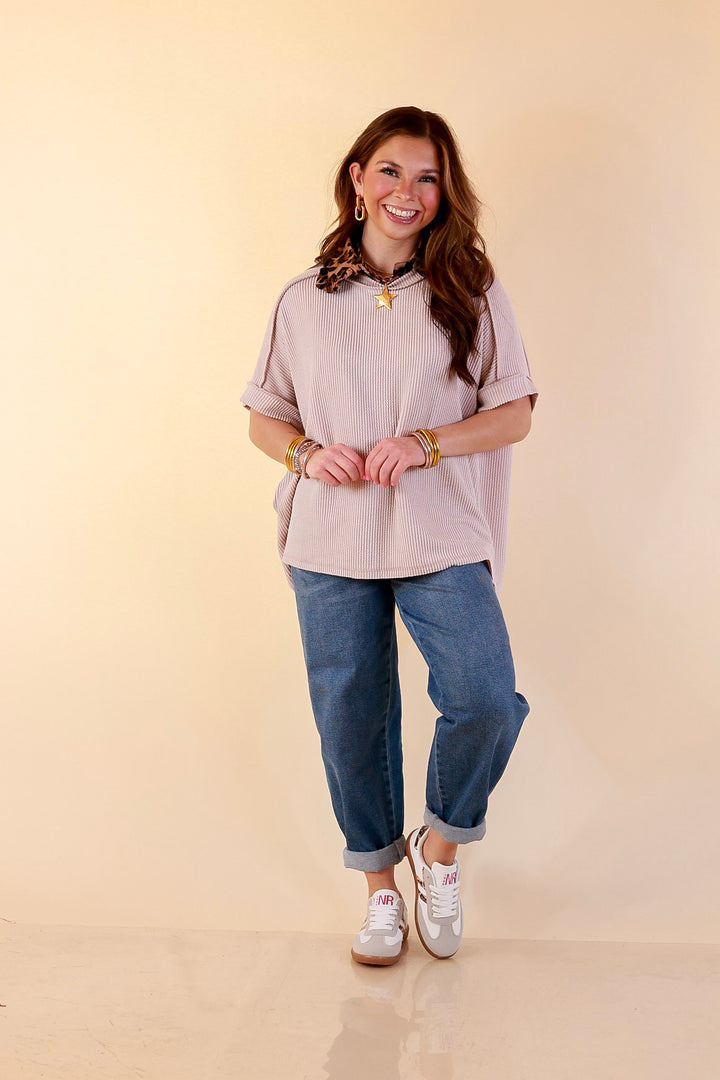 Daily Perfection Scoop Neck Short Sleeve Ribbed Top in Natural Brown
