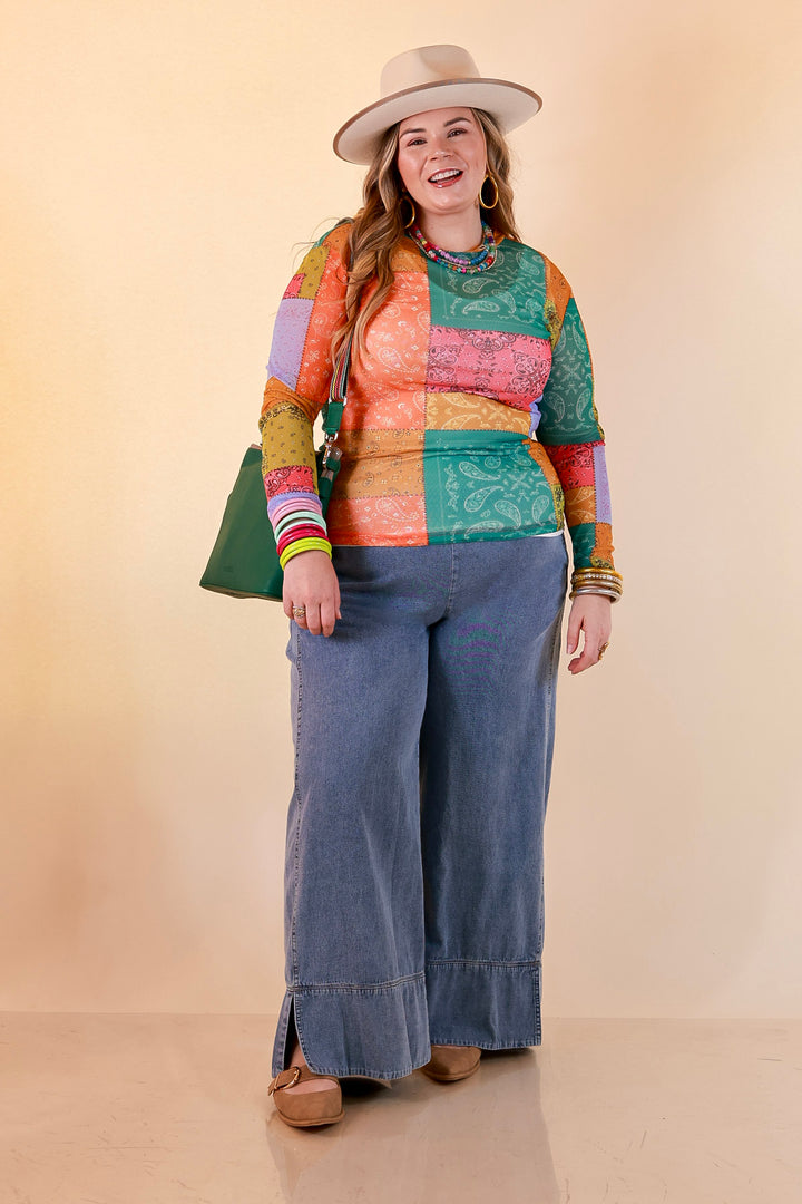 Western Dream Patchwork Paisley Bandana Print Sheer Mesh Long Sleeve Top in Multicolor
