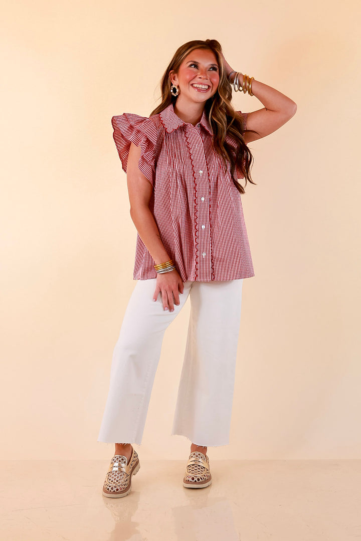 Front Porch Favorite Ruffle Sleeve Button Front Gingham Blouse with Scallop Trim in Dark Crimson Red