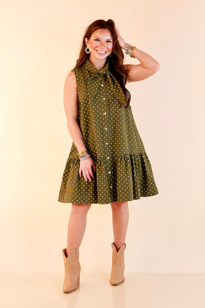 Sweet Spot Denim Polka Dot Bow Neck Tie Button Front Drop Waist Dress in Olive Green