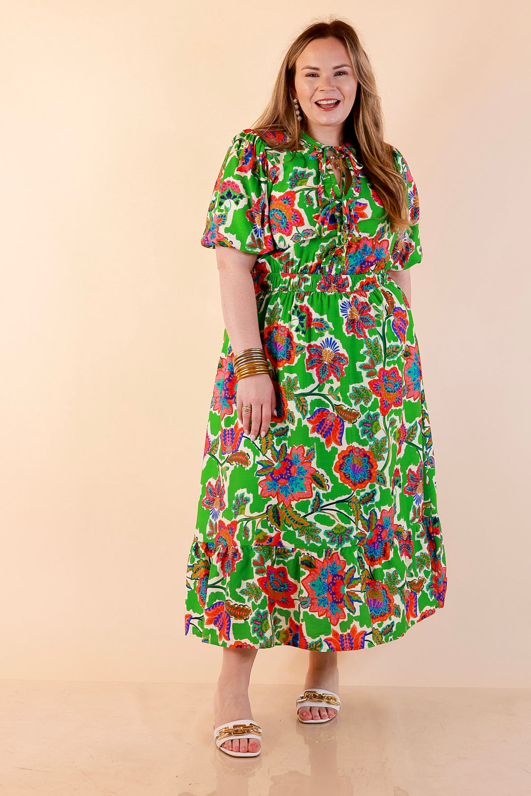 Color Me Happy Floral Print Midi Dress with Tie Neckline and Puff Sleeves in Green