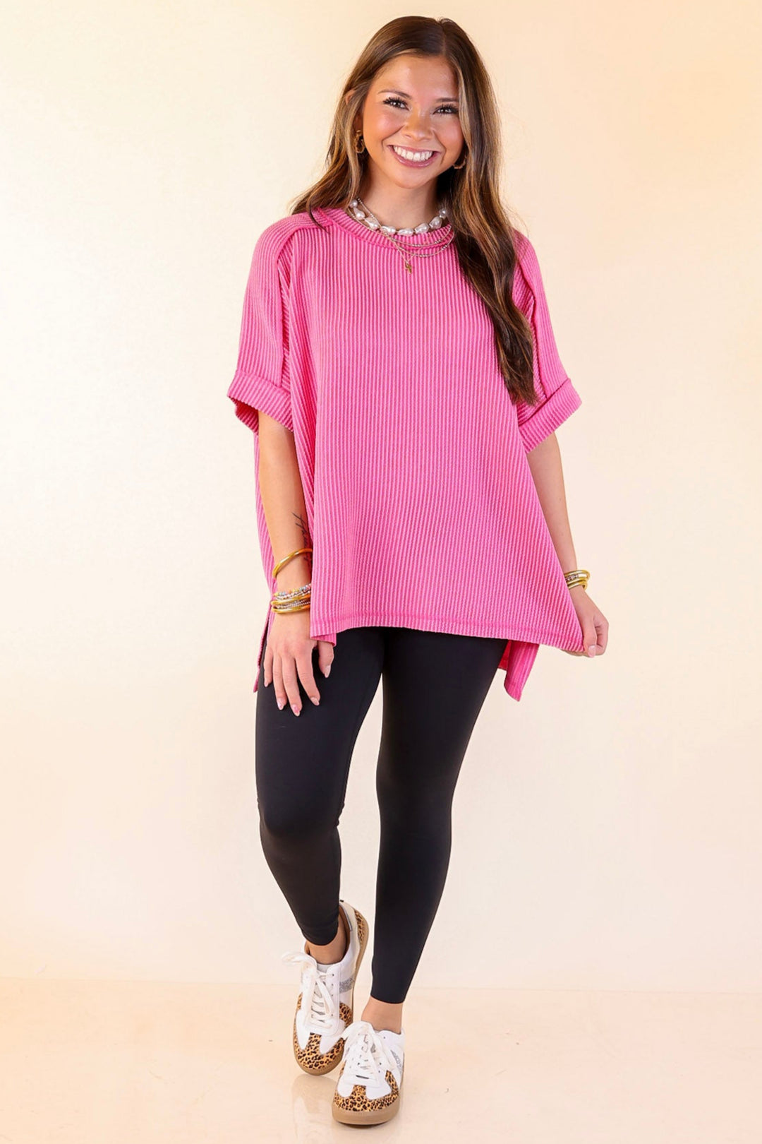 Daily Perfection Scoop Neck Short Sleeve Ribbed Top in Candy Pink
