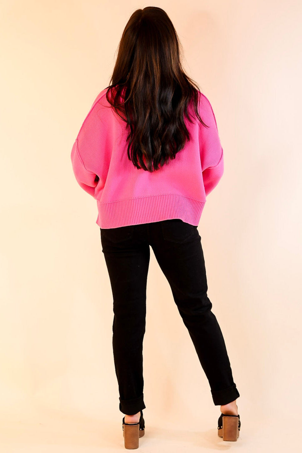 Fireside Fit Cropped Long Sleeve Mock Neck Sweater in Fuchsia Pink