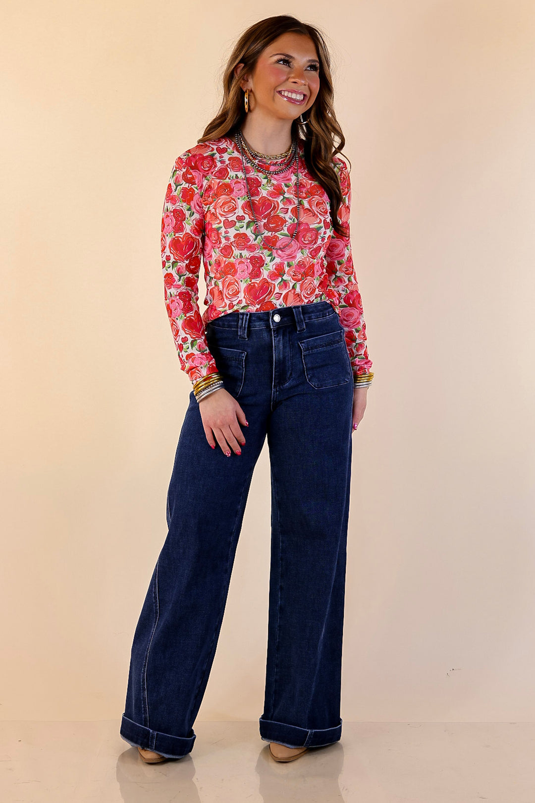 The Perfect Layer Colorful Floral and Hearts Print Mesh Long Sleeve Top in White