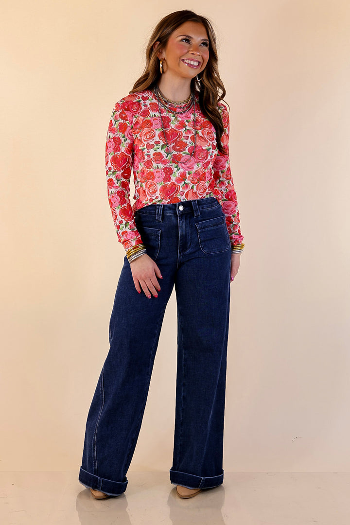 The Perfect Layer Colorful Floral and Hearts Print Mesh Long Sleeve Top in White