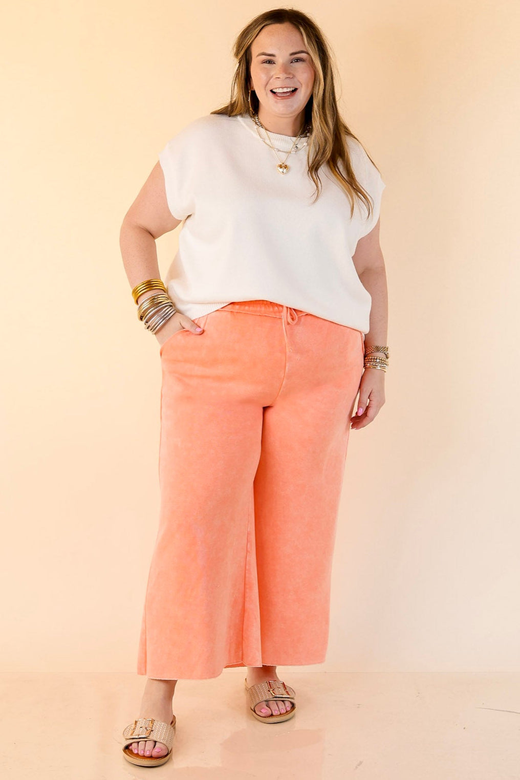 Cozy Girl Cropped Acid Washed Drawstring Pant in Coral Orange