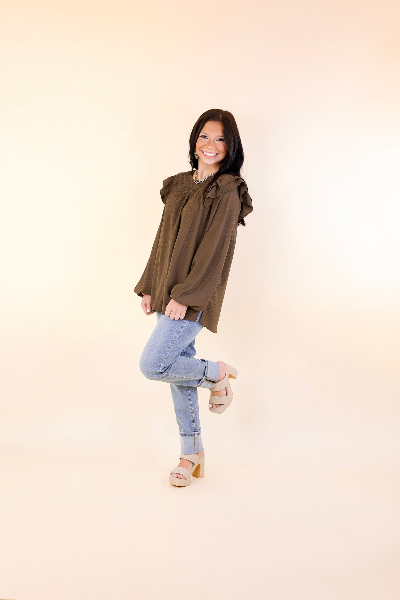 Balcony Nights Ruffle Shoulder Long Sleeve Blouse in Olive Brown