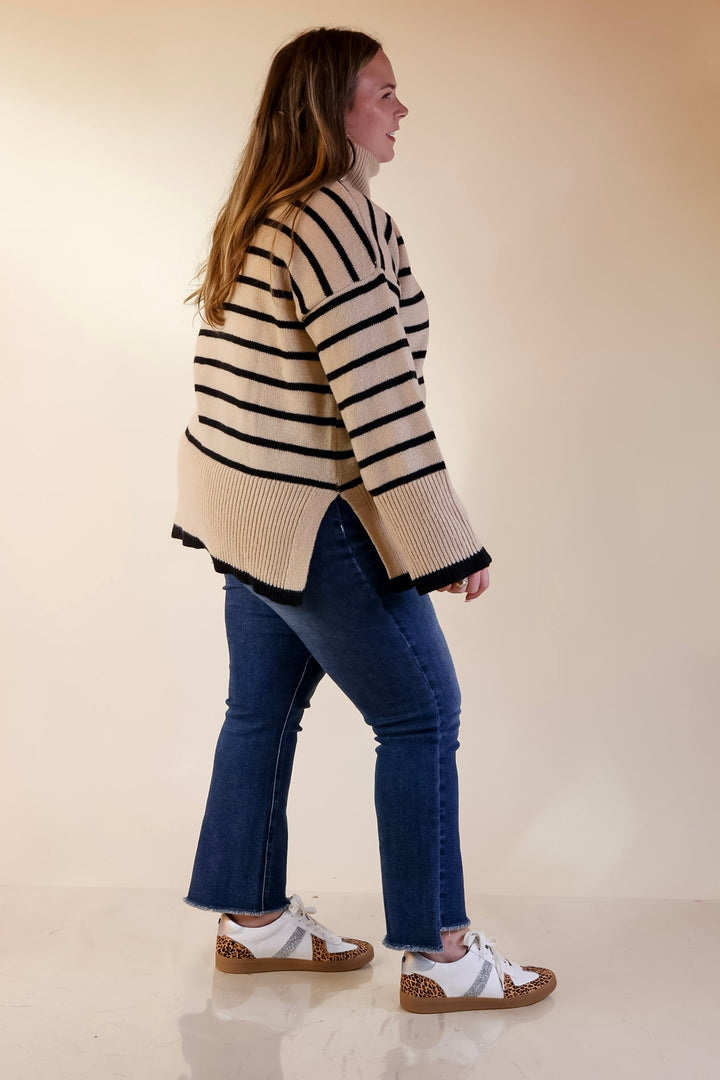 Mud Pie | Dunn Turtleneck Sweater with Black Stripes in Tan