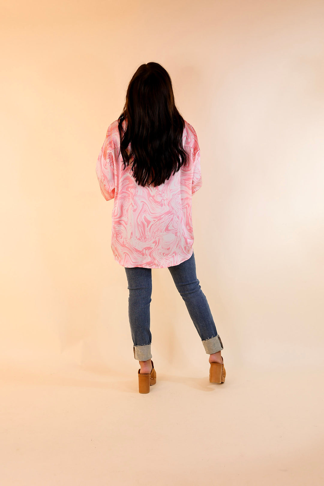 Pack A Punch Button Up Satin Marble Print Top in Pink