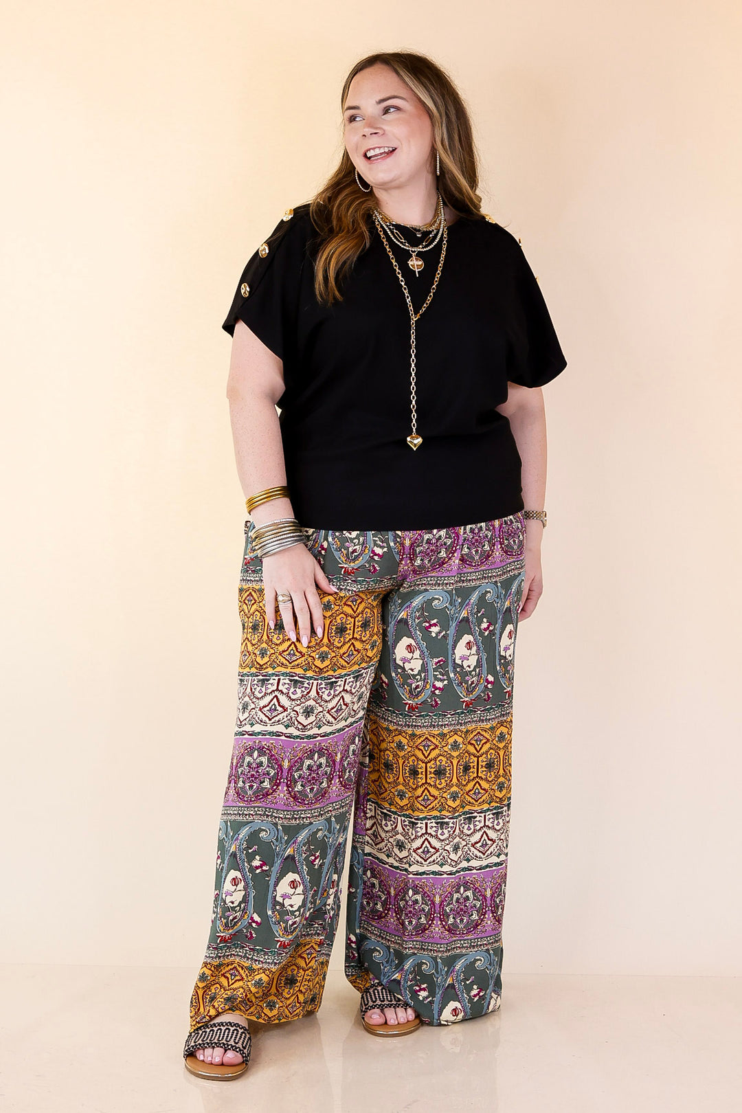 Golden Hour Glow Ribbed Crew Neck Top With Gold Button Detailing in Black