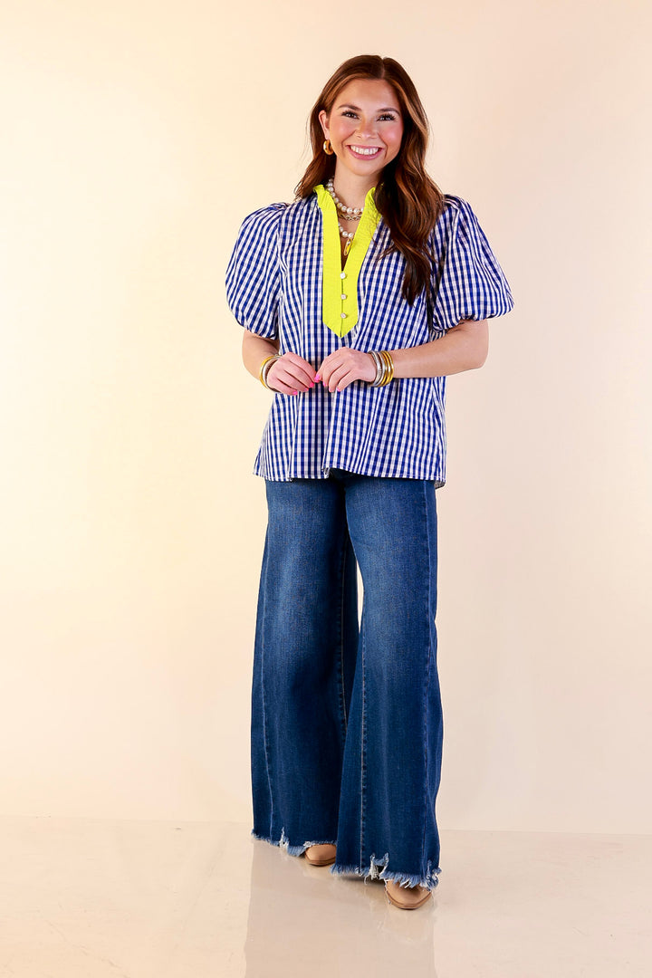 Polished &amp; Playful Short Puff Sleeve Gingham Top with Contrast Lime Green Trim in Royal Blue and White