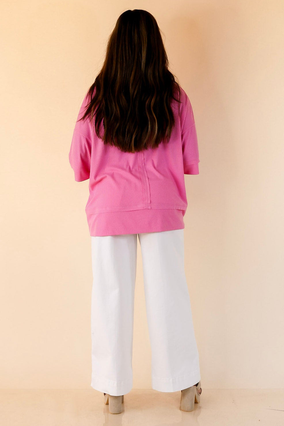 Subtle Spark Crew Neck Short Sleeve Shirt with Seam Detailing in Pink