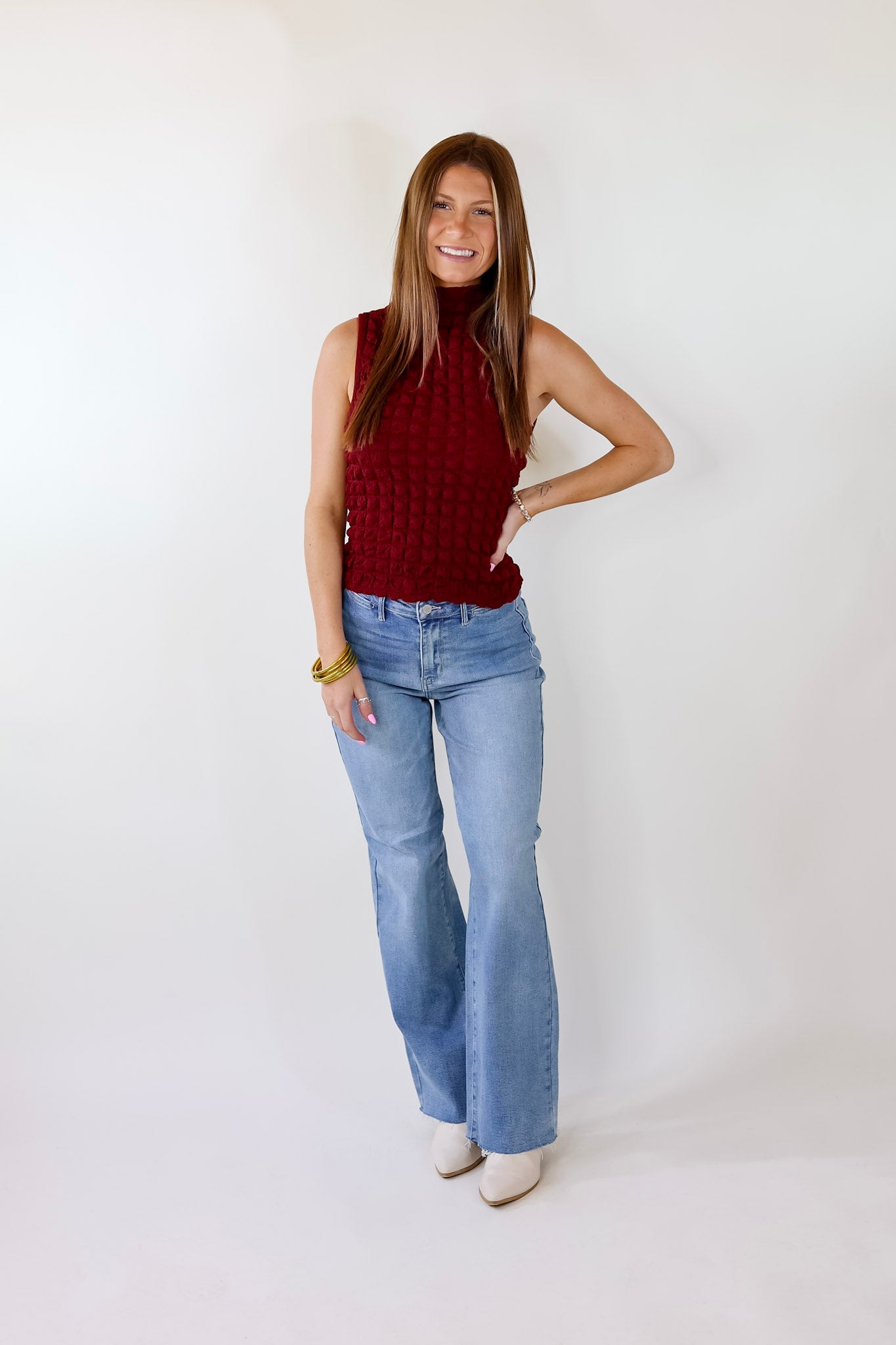 Daring Stares Mock Neck Bubble Tank Top in Maroon - Giddy Up Glamour Boutique
