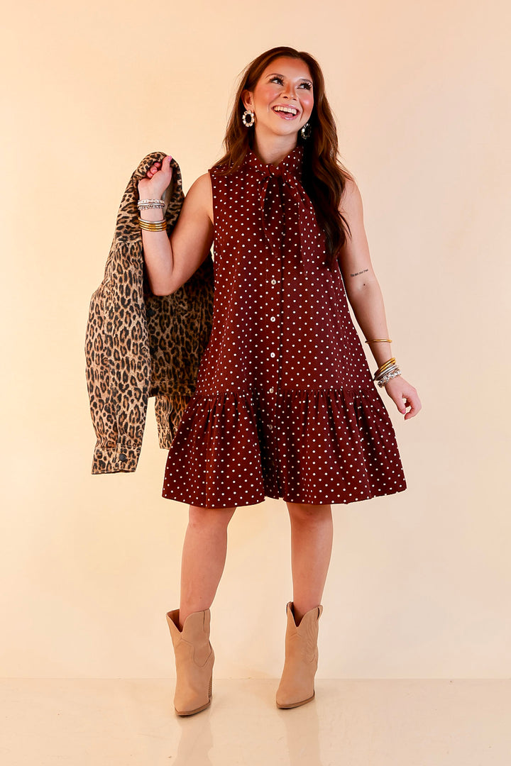 Sweet Spot Denim Polka Dot Bow Neck Tie Button Front Drop Waist Dress in Maroon