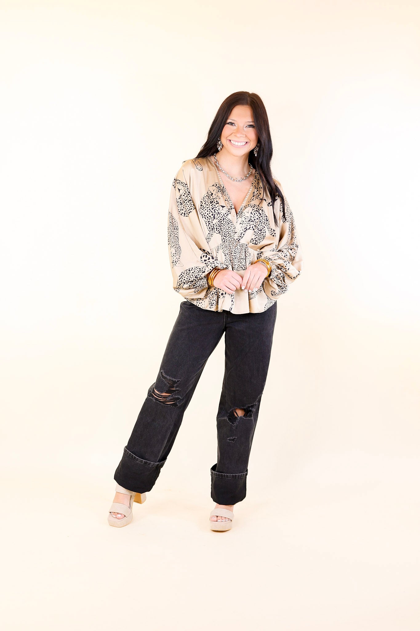 Central Ave Sweetness Leopard Print Peplum Top in Tan