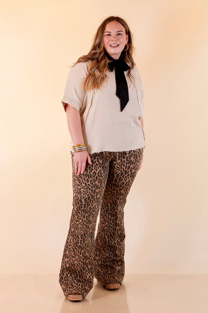 Everyday Ease Short Sleeve Linen Top with Raw Hem Edges in Natural Beige