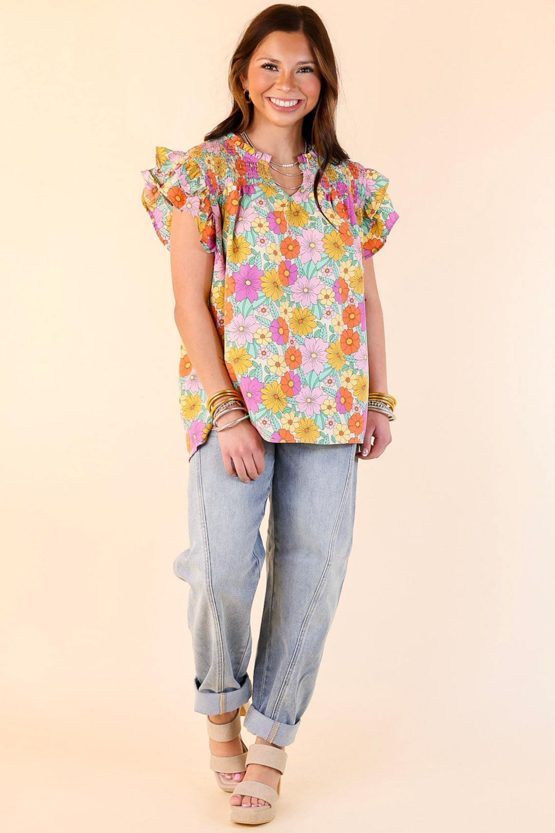 Pretty Days Floral Notched Neckline Top in Cream