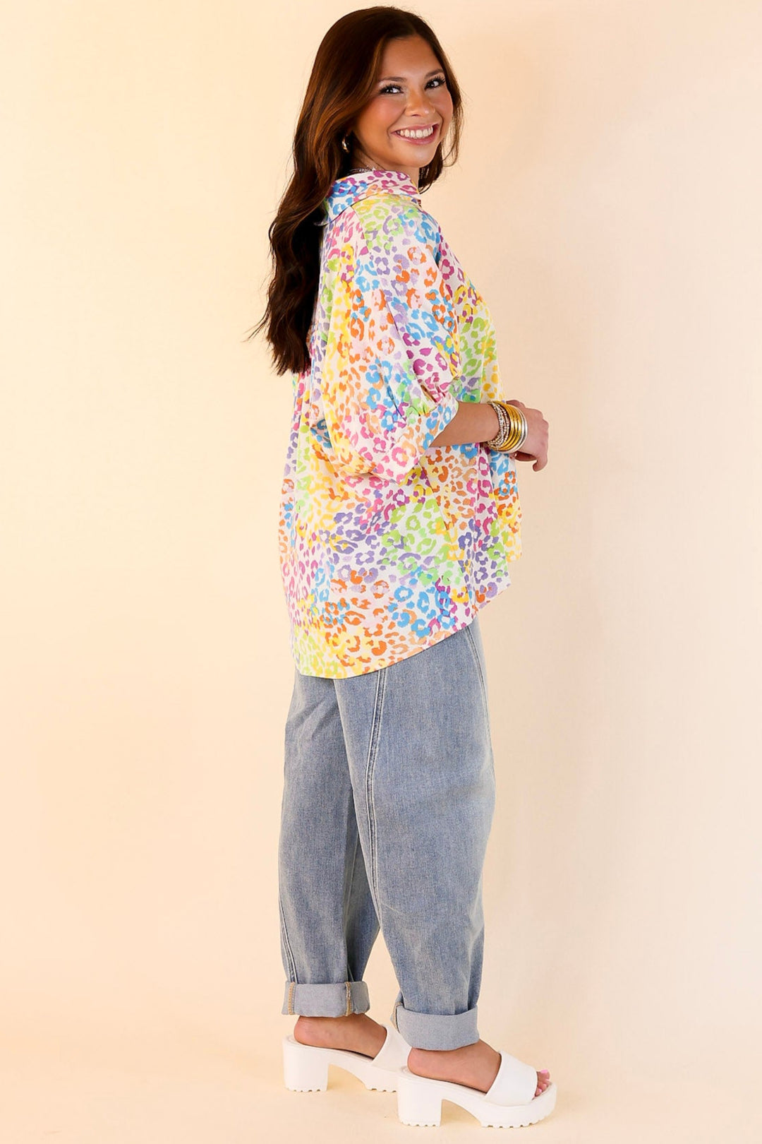 Vibrant Vision Multi-Color Collared Cheetah Print Top