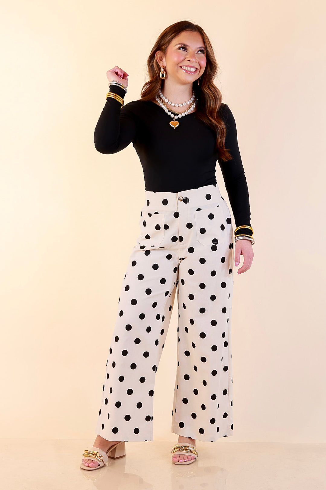 Spot on Style Wide Leg Black Polka Dot Print Pant with Front Patch Pocket in Cream