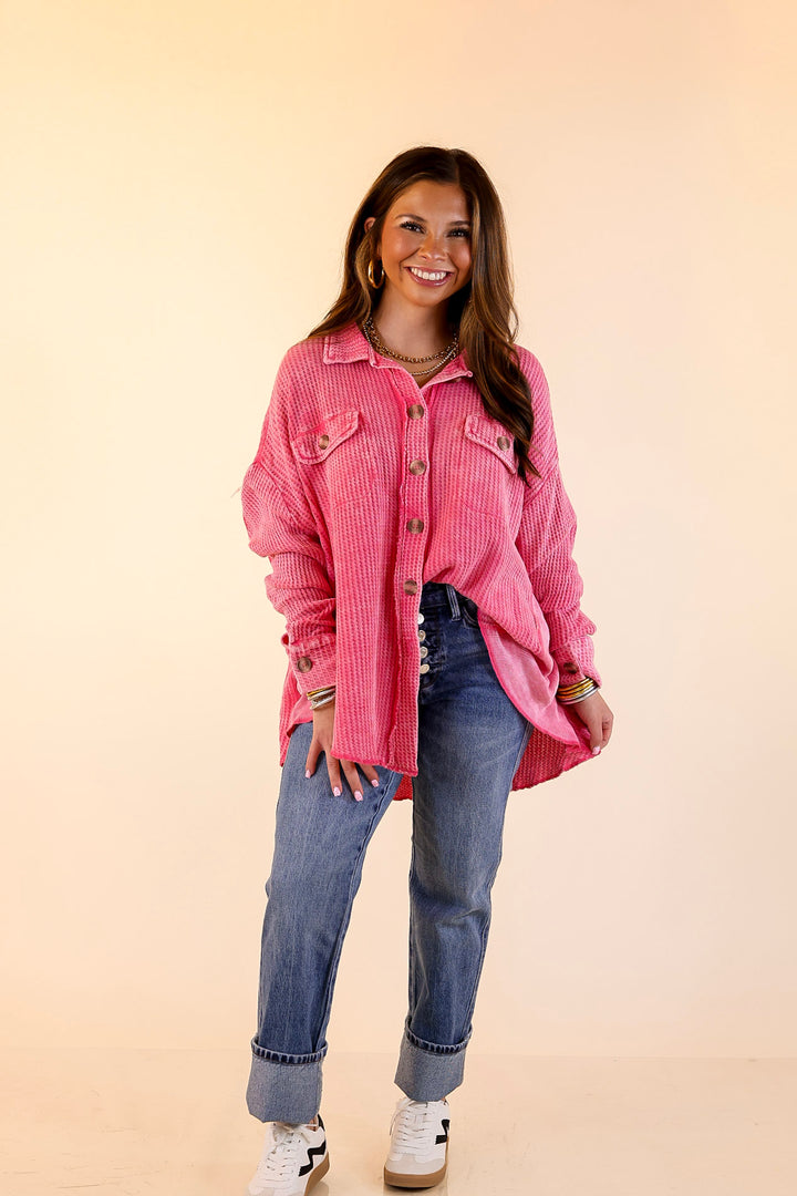 On the Move Long Sleeve Waffle Knit Button Up Shacket in Pink