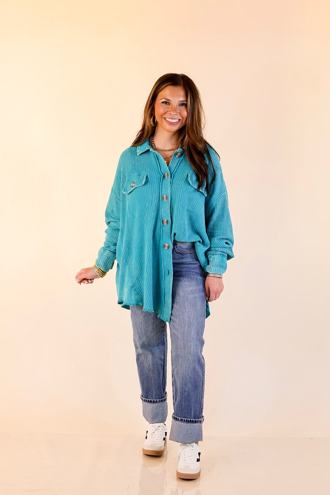 On the Move Long Sleeve Waffle Knit Button Up Shacket in Turquoise Blue