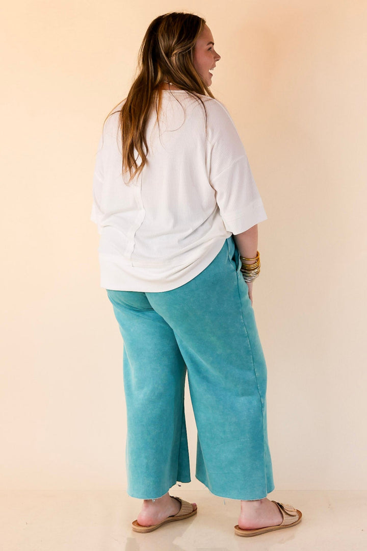 Cozy Girl Cropped Acid Washed Drawstring Pant in Turquoise Blue