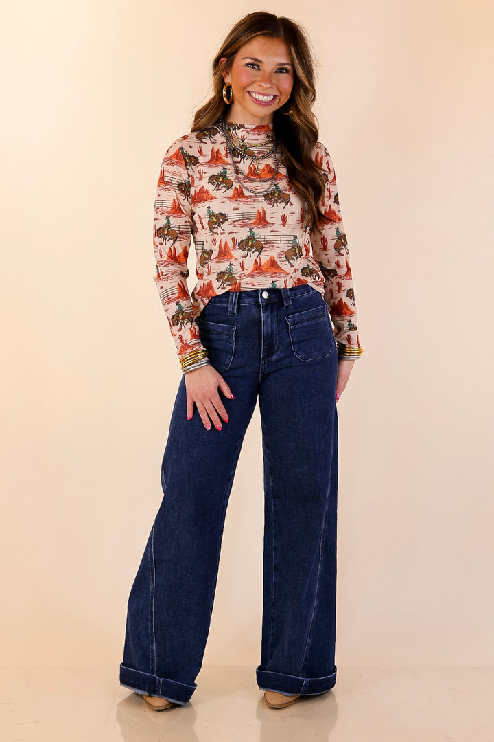 Sheer Confidence Western Red Rocks and Bronc Rider Mesh Long Sleeve Top in Cream