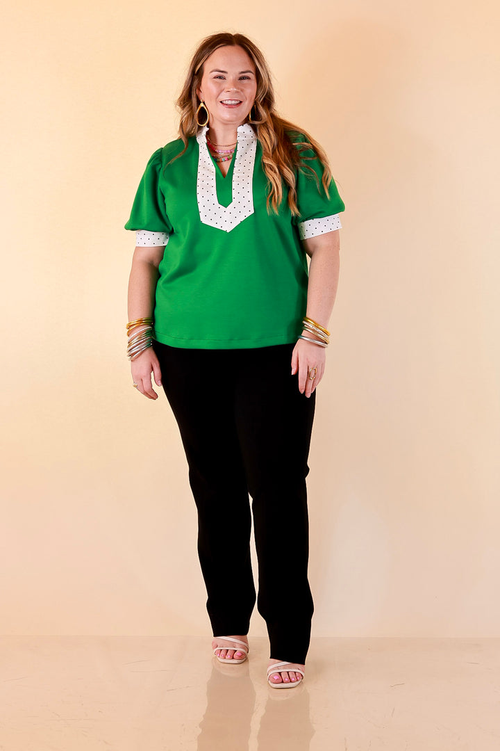 Confidently Yours Contrast Polka Dot Trim Puff Sleeve Top in Kelly Green